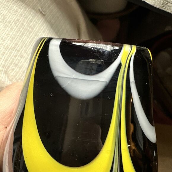 Vase Glass Hand Blown Black White Yellow Small 4.5” Candle Holder - Picture 9 of 15